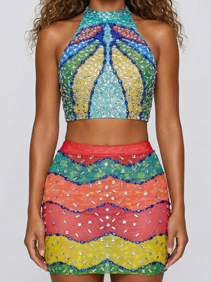 Crystal-Embellished Multicolor Crop Top and Skirt Set - Suits & Sets