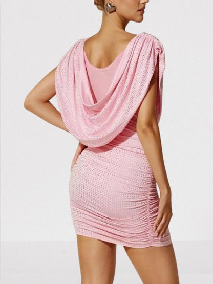 Crystal-Embellished Pink Draped Cowl Mini Dress - Dresses