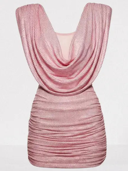 Crystal-Embellished Pink Draped Cowl Mini Dress - Dresses