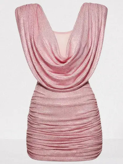 Crystal-Embellished Pink Draped Cowl Mini Dress - Dresses