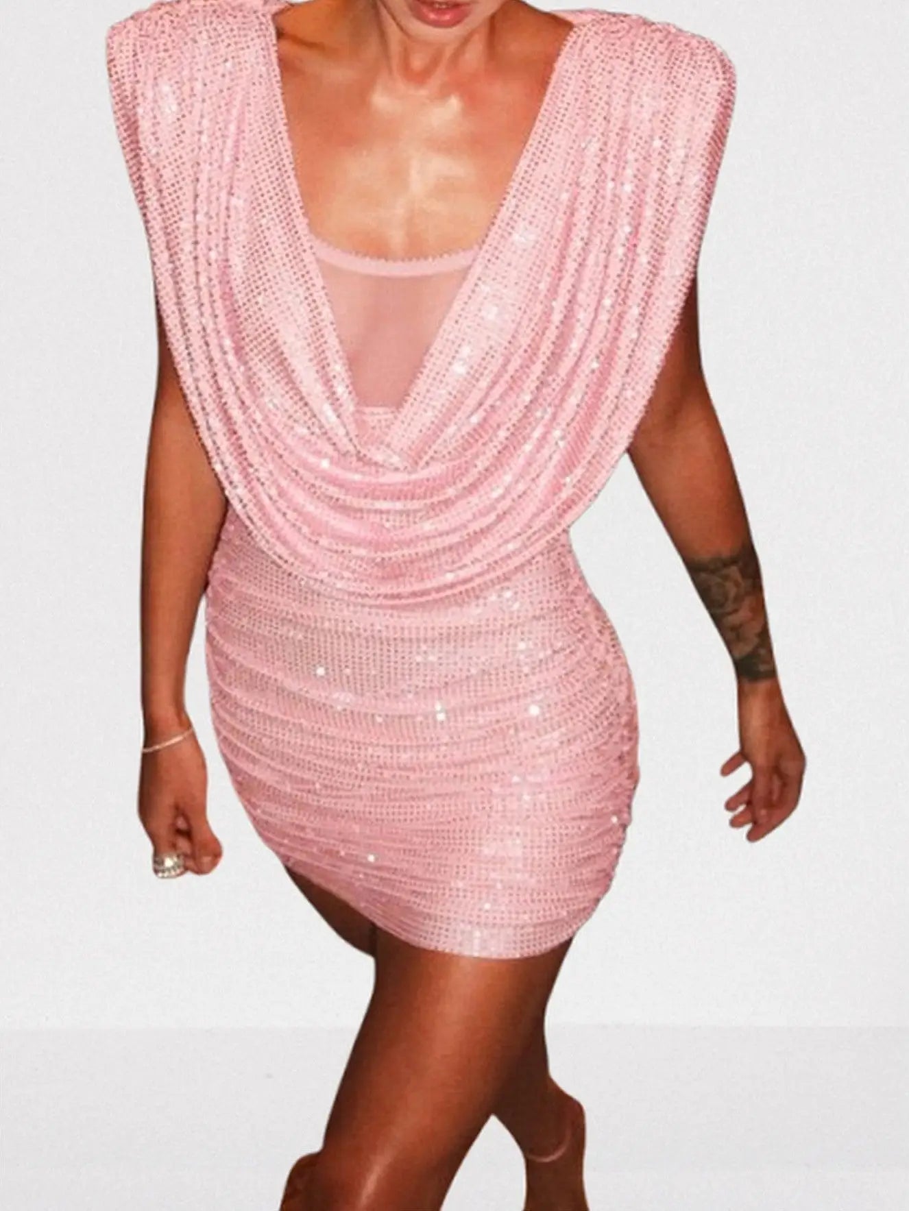 Crystal-Embellished Pink Draped Cowl Mini Dress - Dresses