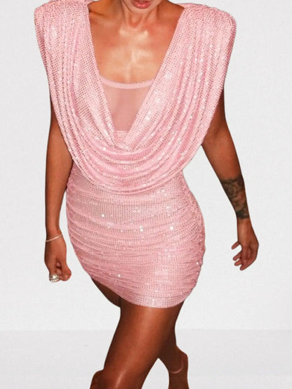 Crystal-Embellished Pink Draped Cowl Mini Dress - Dresses