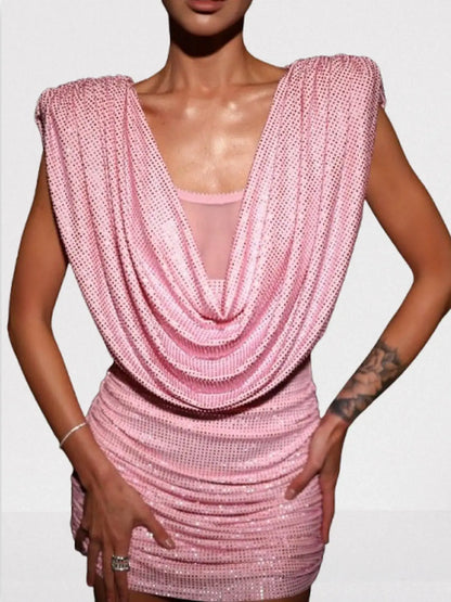 Crystal-Embellished Pink Draped Cowl Mini Dress - Dresses