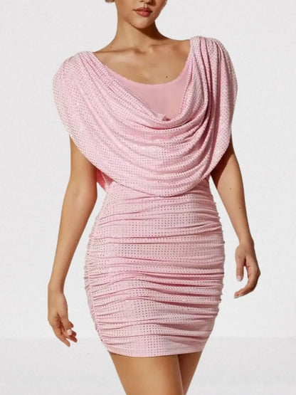 Crystal-Embellished Pink Draped Cowl Mini Dress - Dresses
