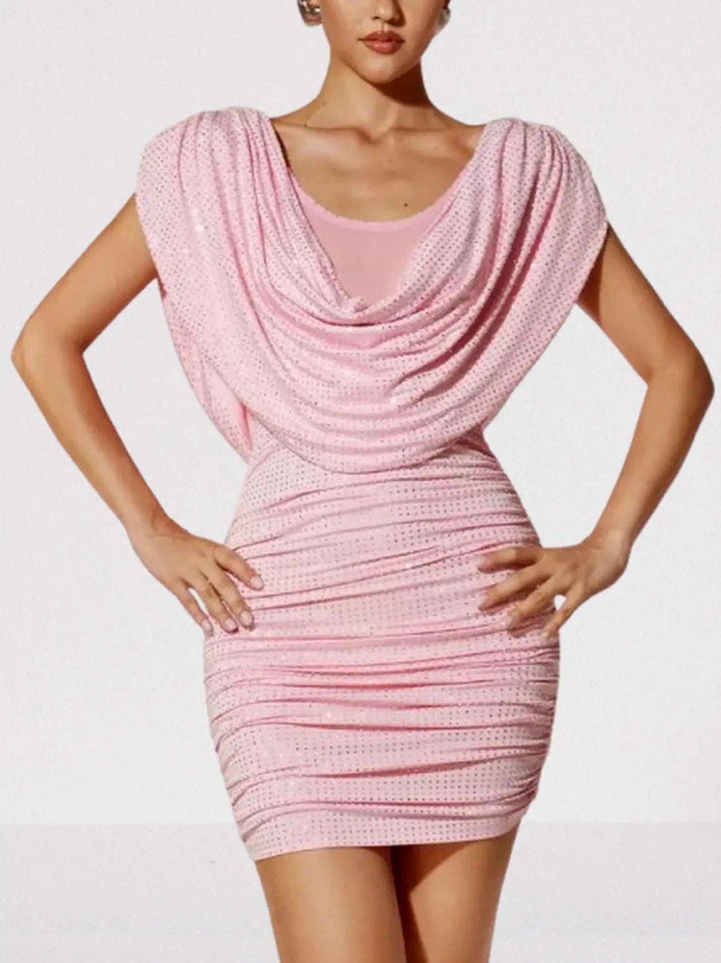 Crystal-Embellished Pink Draped Cowl Mini Dress - XS - Dresses