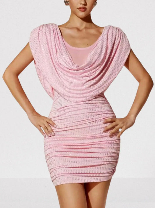Crystal-Embellished Pink Draped Cowl Mini Dress - XS - Dresses