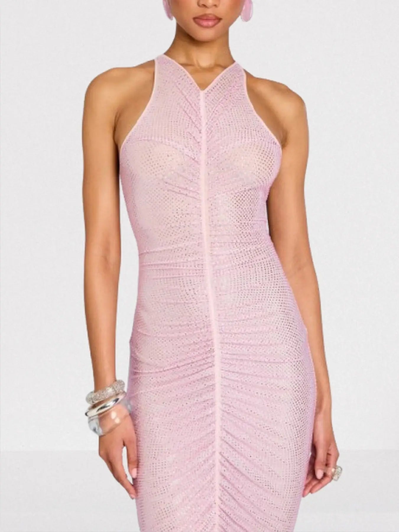 Crystal-Embellished Ruched Pink Gown - Dresses