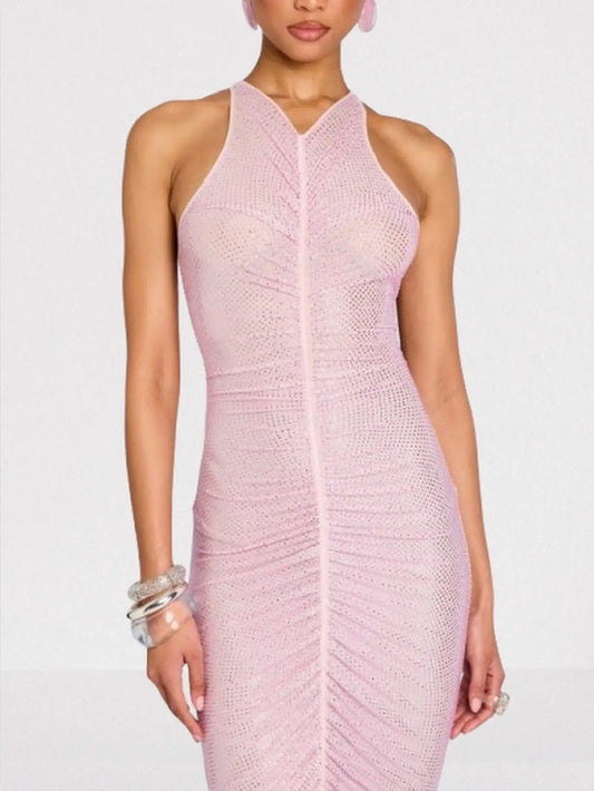 Crystal-Embellished Ruched Pink Gown - Dresses