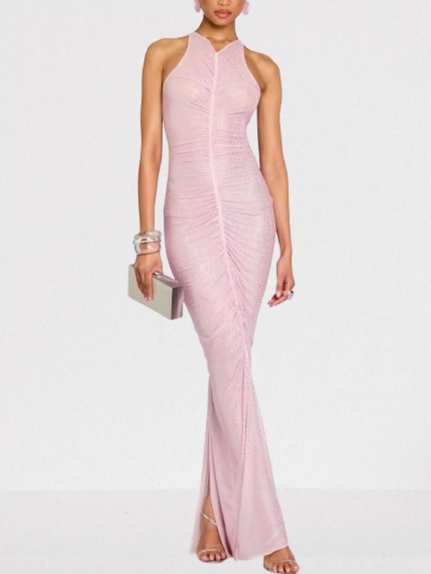 Crystal-Embellished Ruched Pink Gown - Dresses