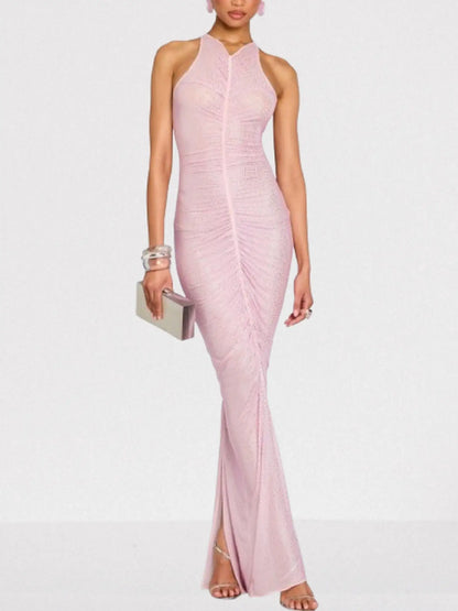 Crystal-Embellished Ruched Pink Gown - Dresses