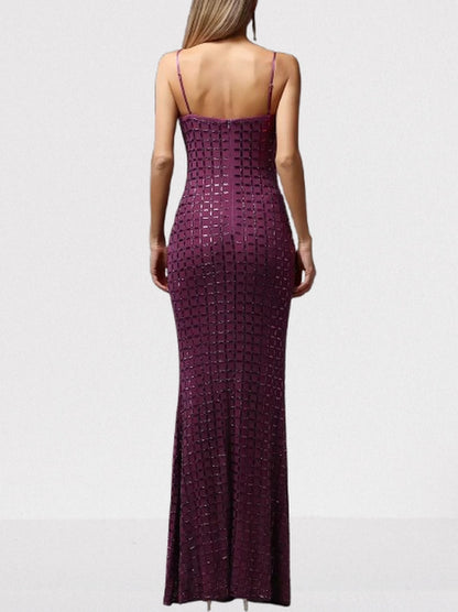 Crystal-Embellished Sleeveless Maxi Dress in Purple - Dresses