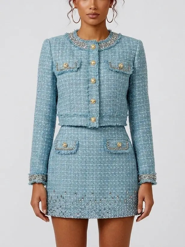 Crystal-Embellished Tweed Jacket and Dress Set - Suits & Sets