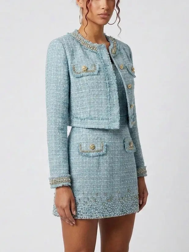 Crystal-Embellished Tweed Jacket and Dress Set - Suits & Sets