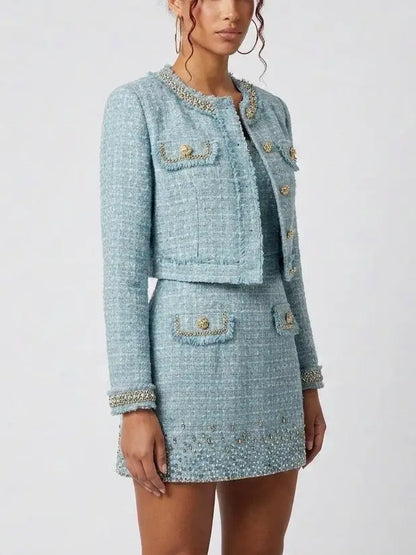 Crystal-Embellished Tweed Jacket and Dress Set - Suits & Sets