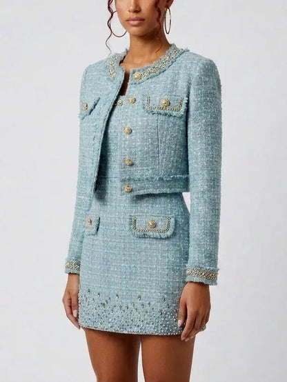 Crystal-Embellished Tweed Jacket and Dress Set - Suits & Sets