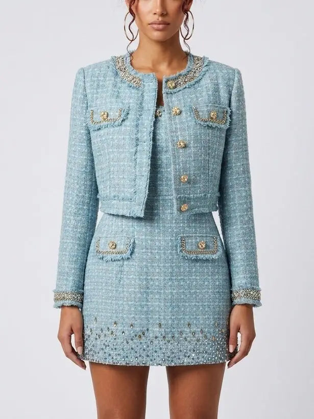 Crystal-Embellished Tweed Jacket and Dress Set - Suits & Sets