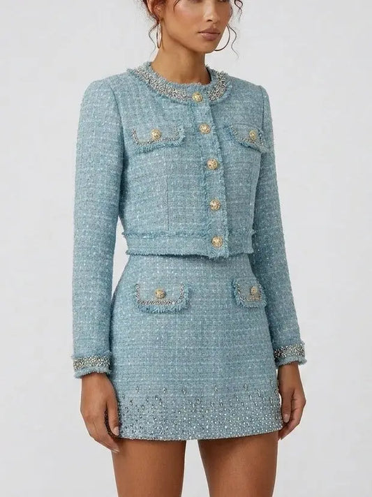 Crystal-Embellished Tweed Jacket and Dress Set - Suits & Sets