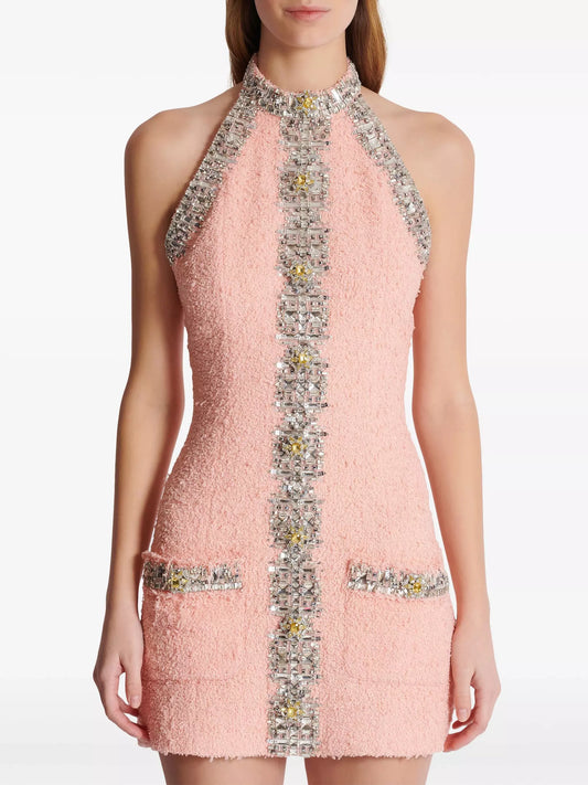 Crystal-Embellished Pink Tweed Halter Mini Dress Branna Couture