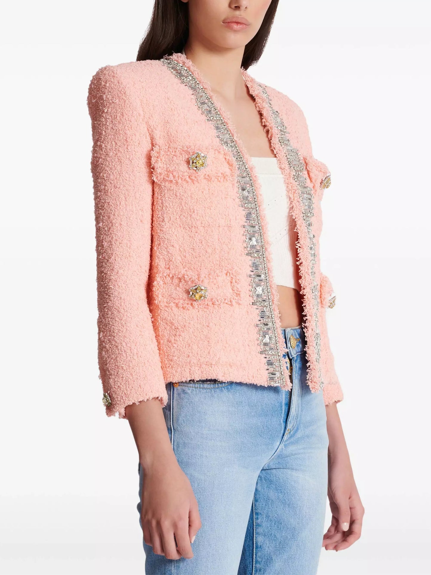 Crystal-Embellished Tweed Pink Jacket Branna Couture