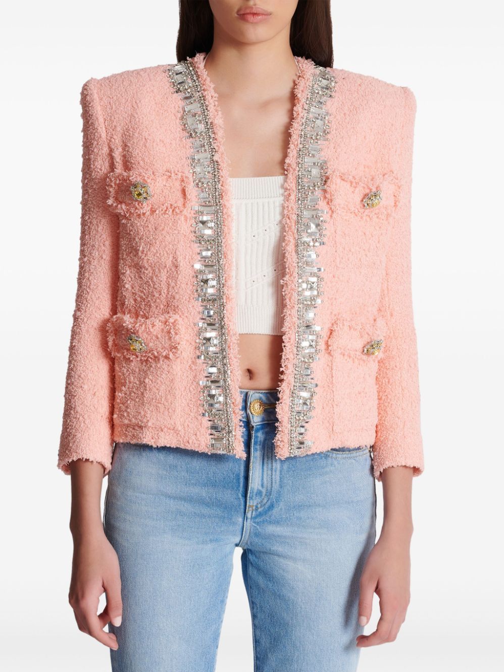 Crystal-Embellished Tweed Pink Jacket Branna Couture