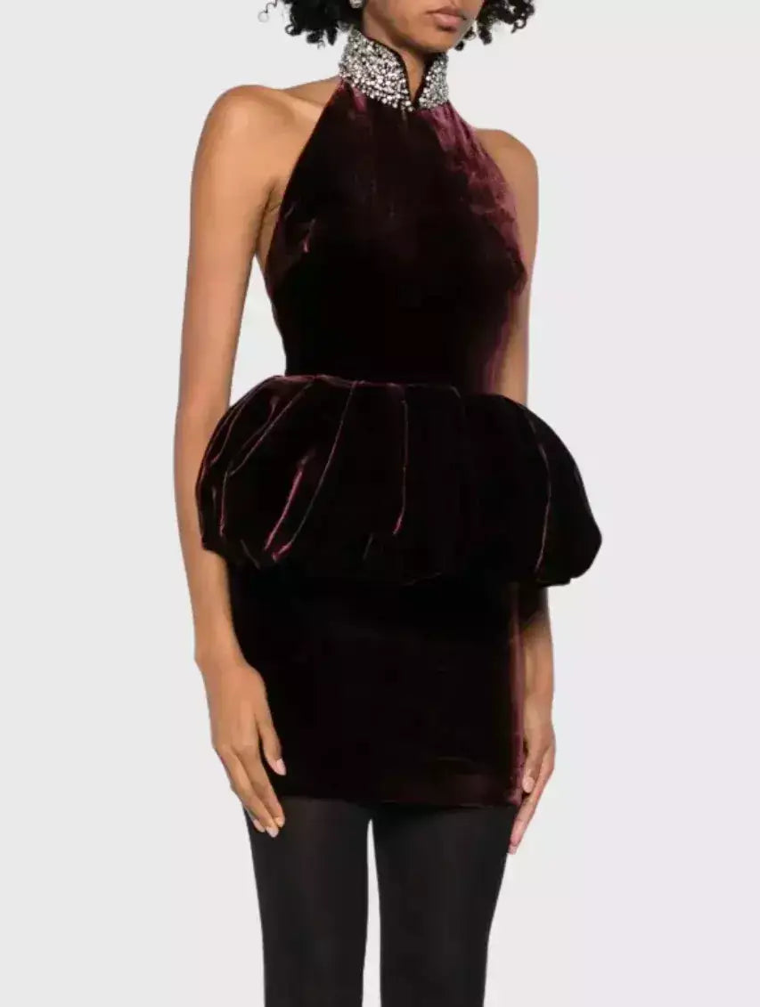 Crystal-Embellished Velvet Peplum Mini Dress - Dresses