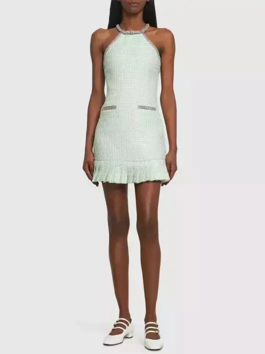 Crystal Halter-Neck Embellished Mint Green Boucle Mini Dress - Branna Couture