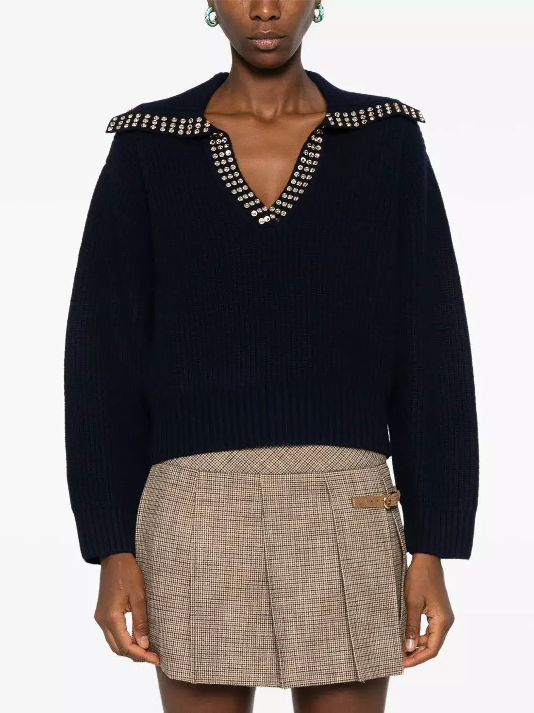 Crystal-Studded Sailor-Neck Ribbed Sweater Branna Couture