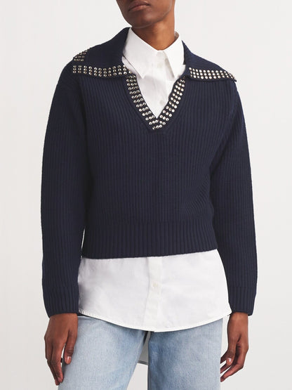 Crystal-Studded Sailor-Neck Ribbed Sweater Branna Couture