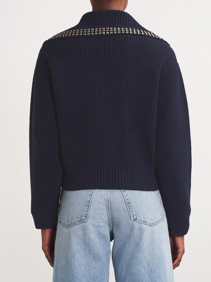 Crystal-Studded Sailor-Neck Ribbed Sweater Branna Couture