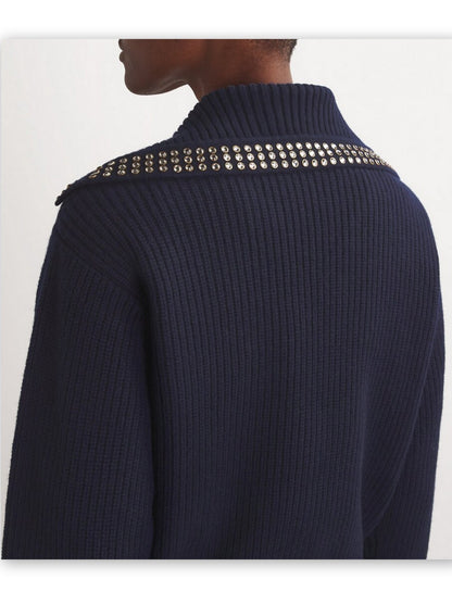 Crystal-Studded Sailor-Neck Ribbed Sweater Branna Couture