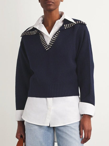 Crystal-Studded Sailor-Neck Ribbed Sweater Branna Couture