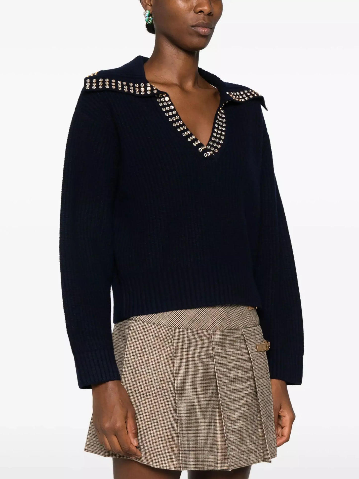 Crystal-Studded Sailor-Neck Ribbed Sweater Branna Couture