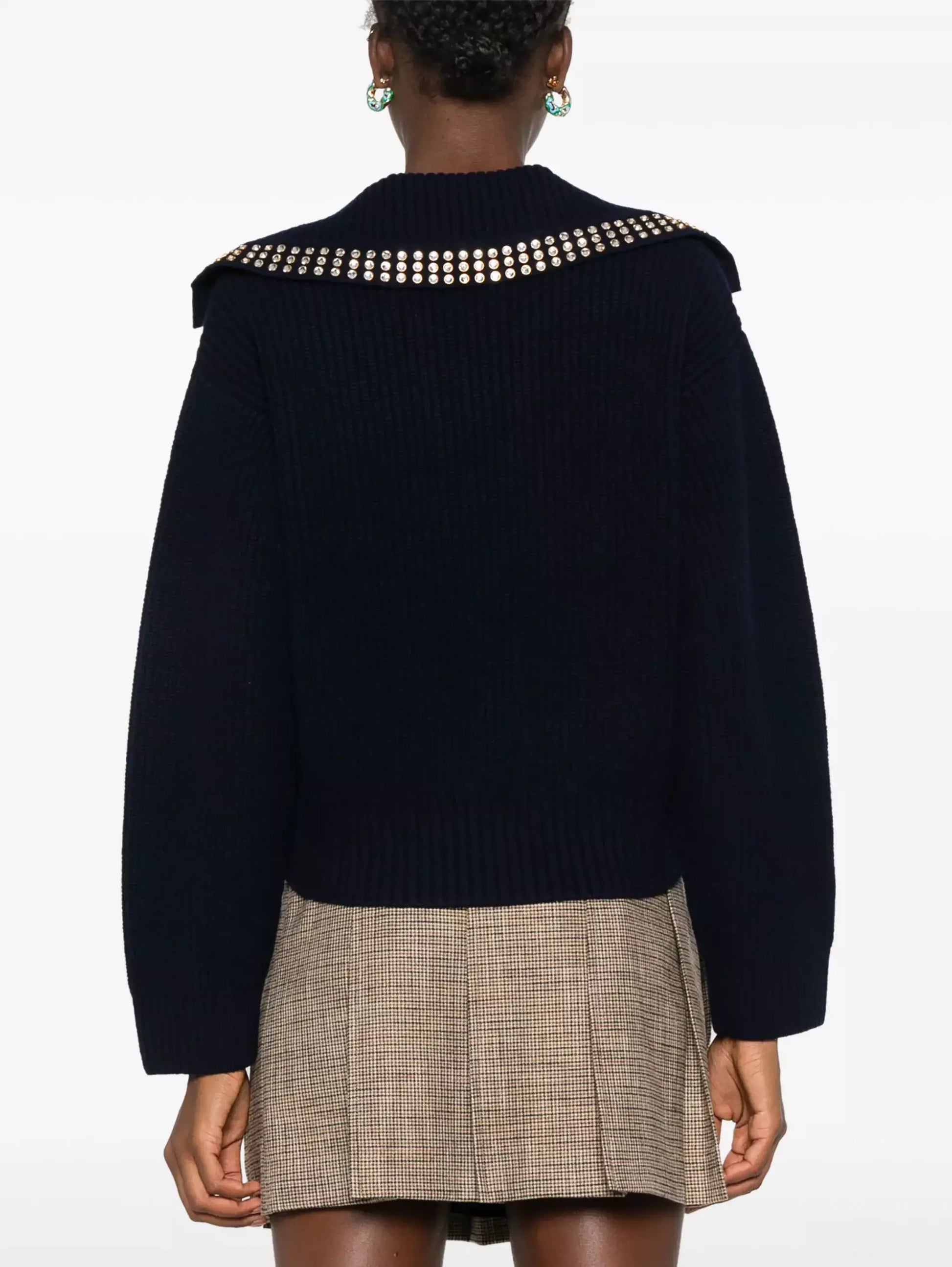 Crystal-Studded Sailor-Neck Ribbed Sweater Branna Couture