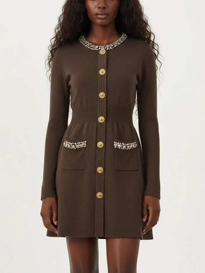 Crystal-Trimmed Knit Button-Front Mini Dress - Small / Brown - Dresses