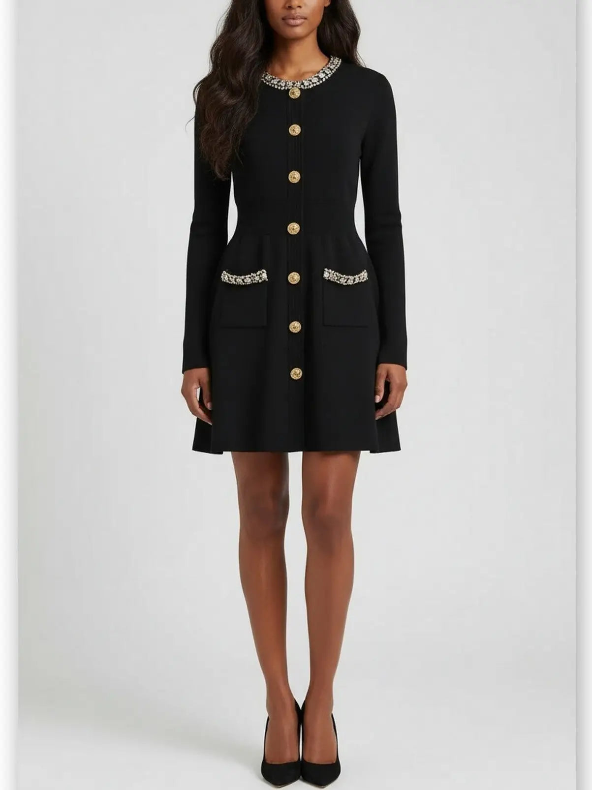 Crystal-Trimmed Knit Button-Front Mini Dress - Dresses