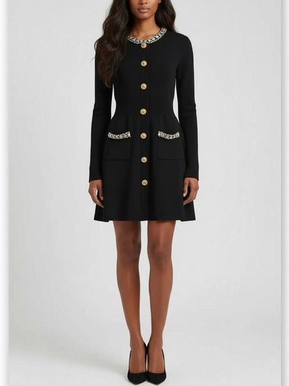 Crystal-Trimmed Knit Button-Front Mini Dress - Dresses