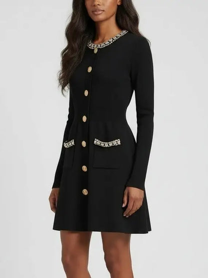 Crystal-Trimmed Knit Button-Front Mini Dress - Dresses