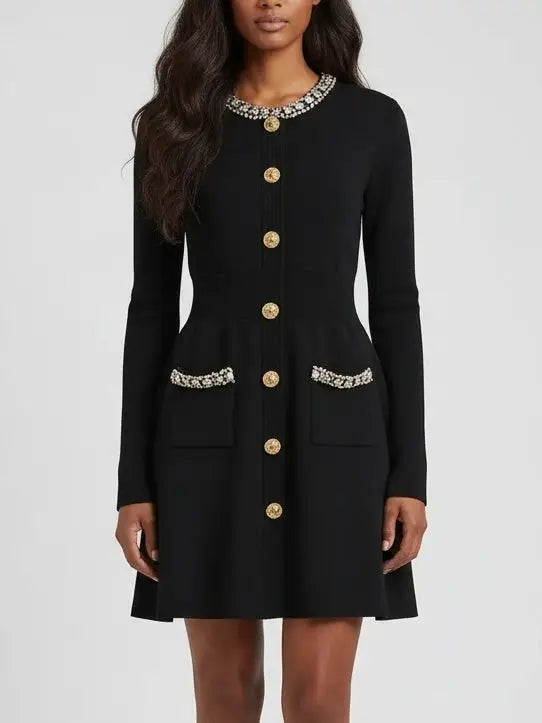 Crystal-Trimmed Knit Button-Front Mini Dress - Small / Black - Dresses