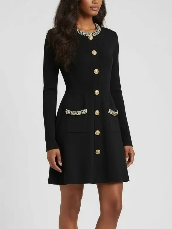 Crystal-Trimmed Knit Button-Front Mini Dress - Dresses