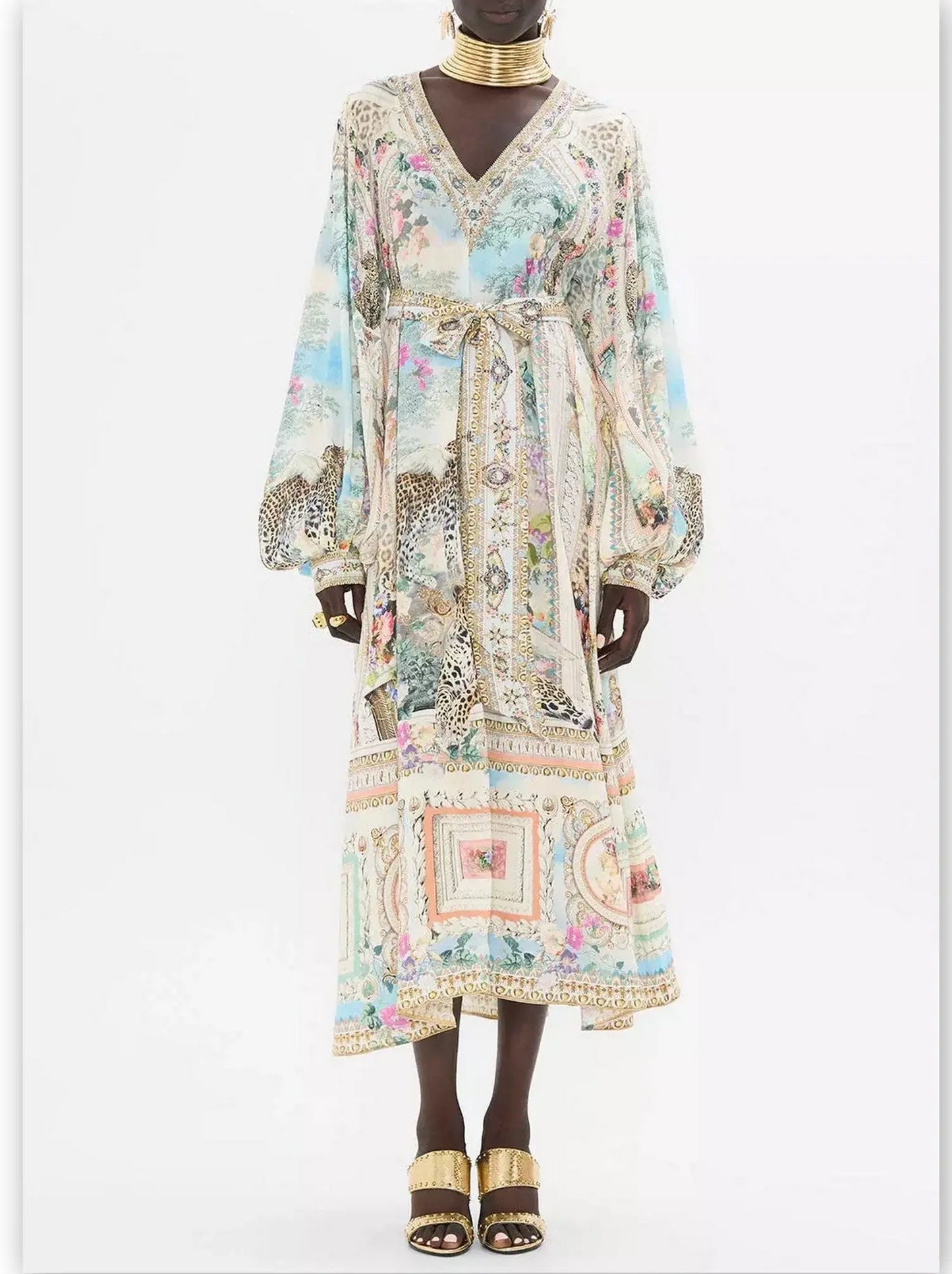 Crystal V-Neck Long Blouson-Sleeve Printed Dress - Branna Couture