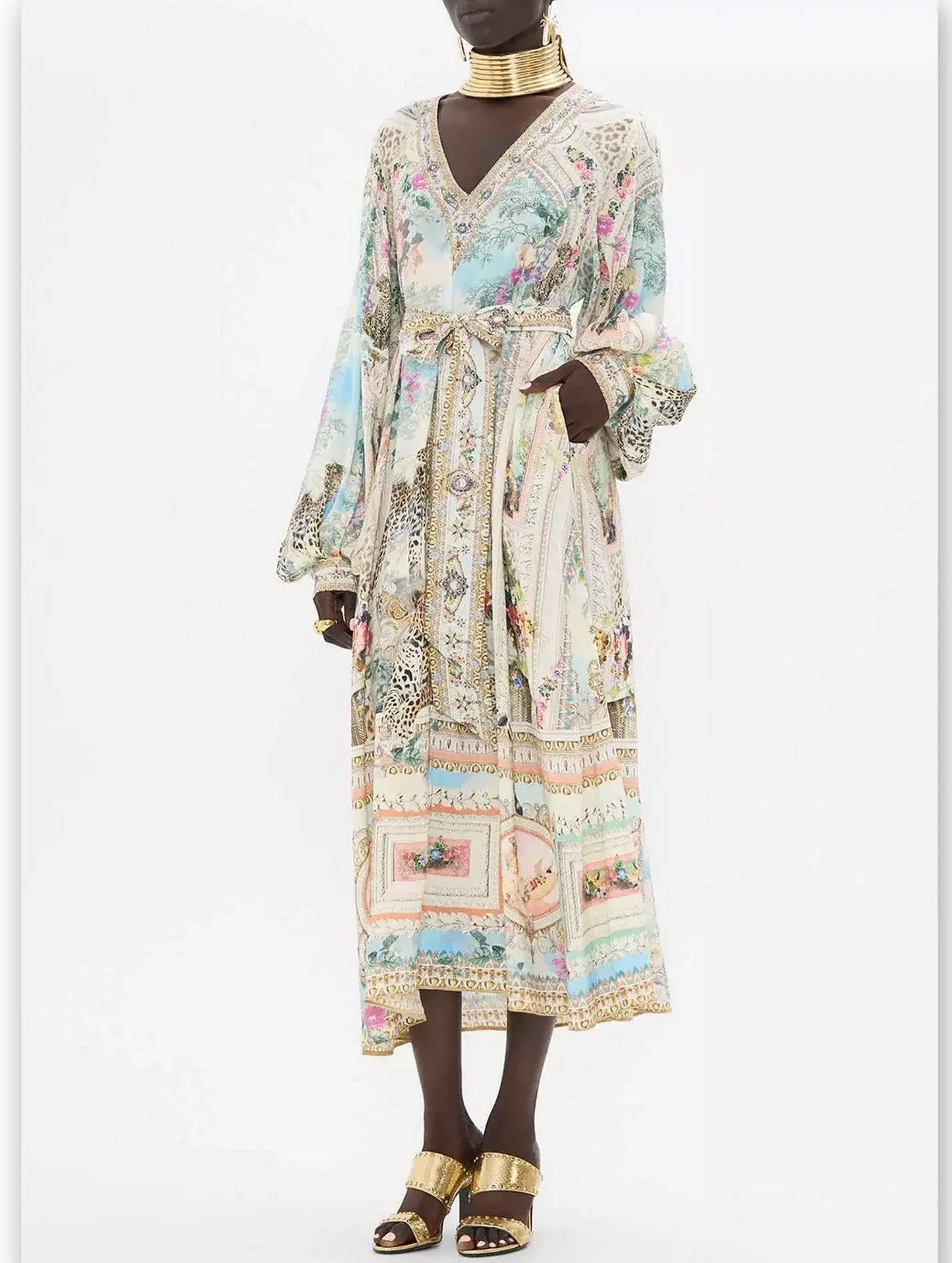 Crystal V-Neck Long Blouson-Sleeve Printed Dress - Branna Couture