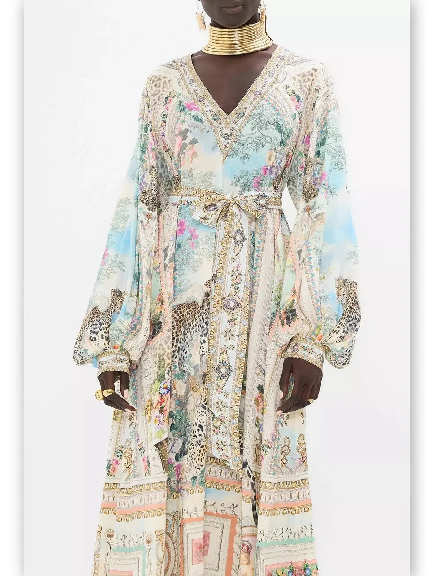 Crystal V-Neck Long Blouson-Sleeve Printed Dress - Branna Couture