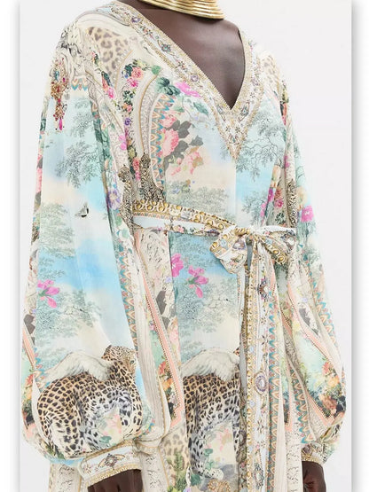 Crystal V-Neck Long Blouson-Sleeve Printed Dress - Branna Couture