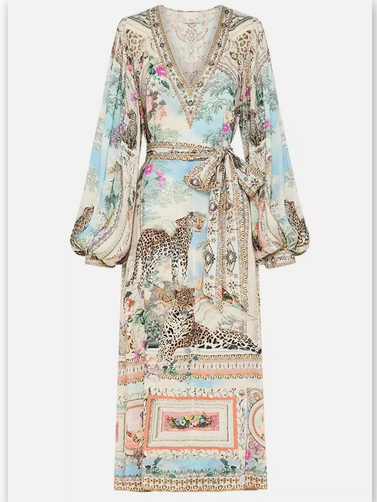 Crystal V-Neck Long Blouson-Sleeve Printed Dress - Branna Couture