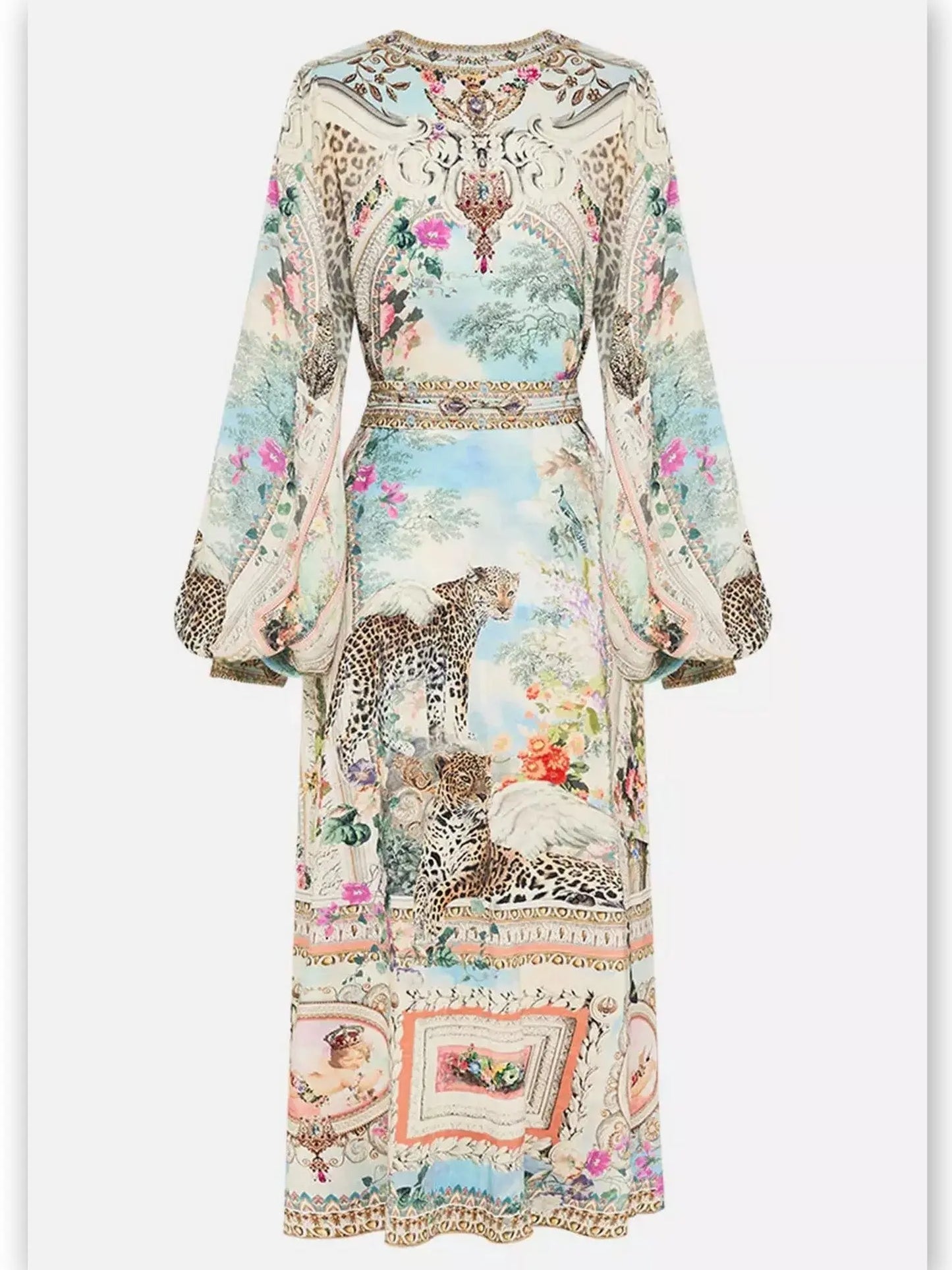 Crystal V-Neck Long Blouson-Sleeve Printed Dress - Branna Couture