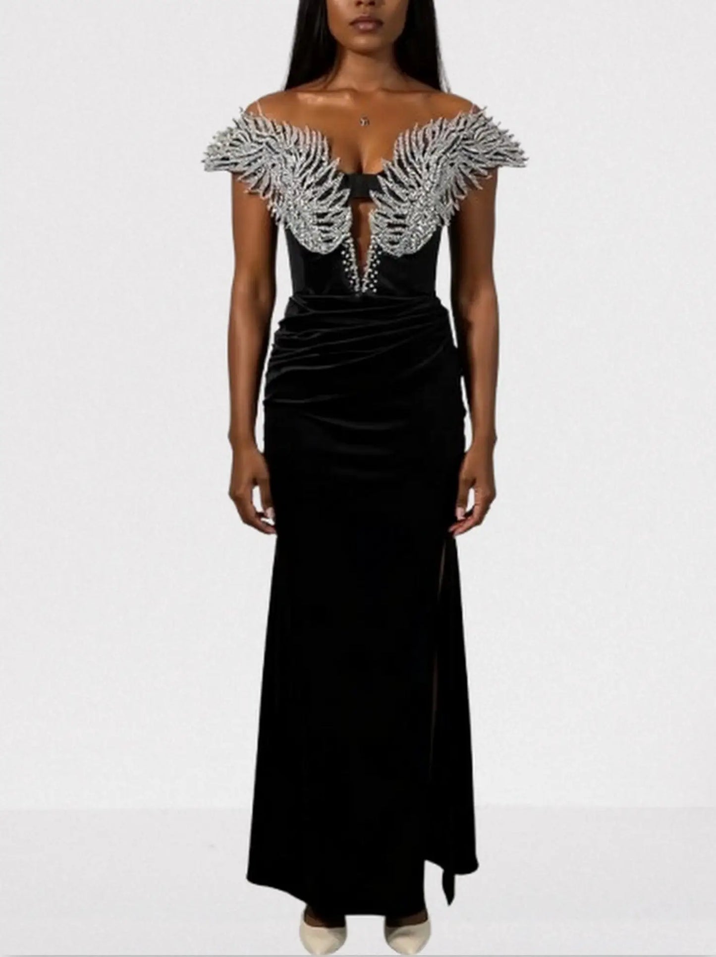 Crystal-Wing Off-Shoulder Black Velvet Gown - Small - Dresses