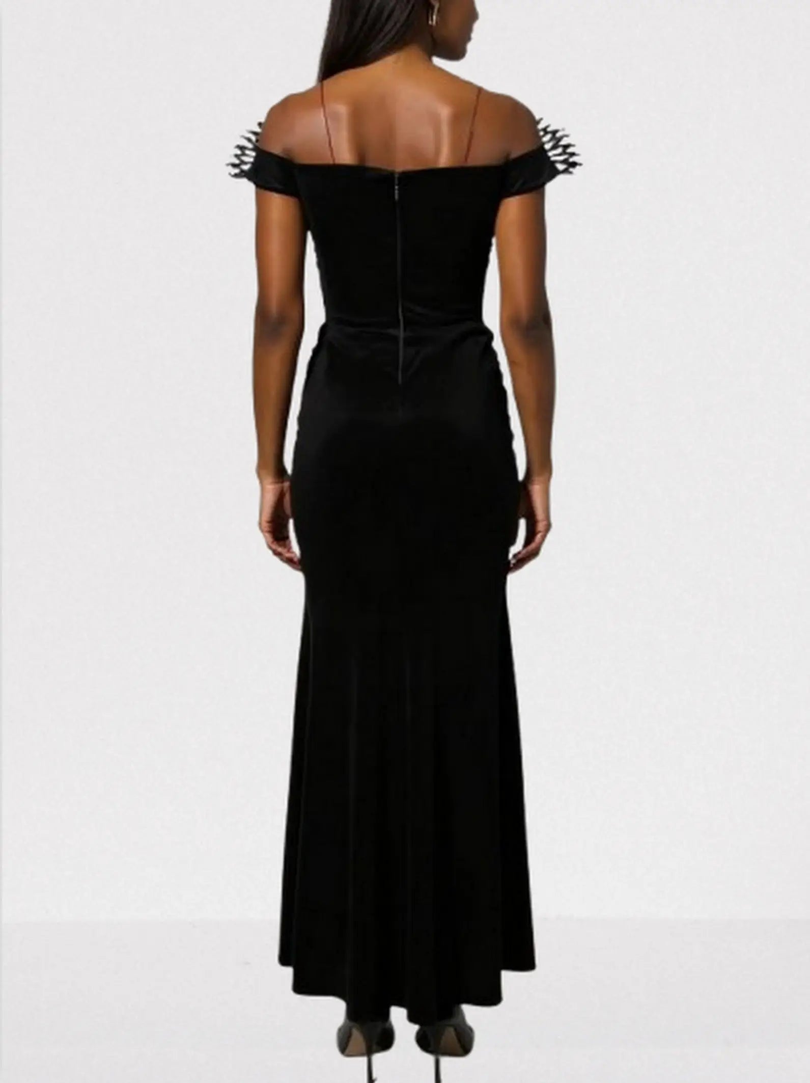Crystal-Wing Off-Shoulder Black Velvet Gown - Dresses
