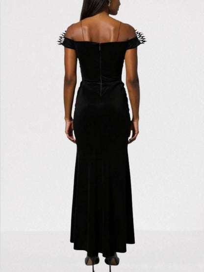 Crystal-Wing Off-Shoulder Black Velvet Gown - Dresses