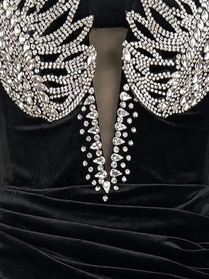 Crystal-Wing Off-Shoulder Black Velvet Gown - Dresses