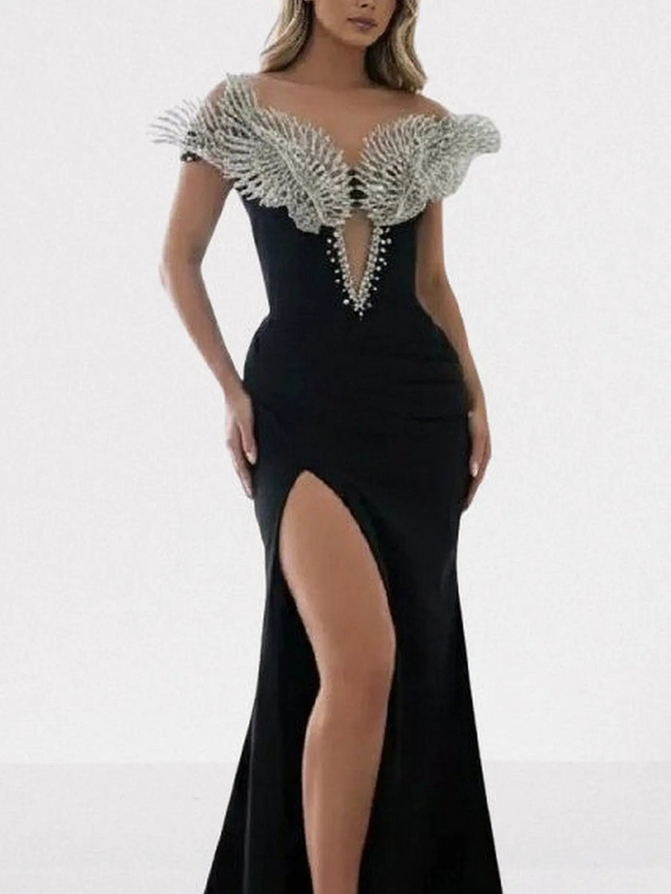 Crystal-Wing Off-Shoulder Black Velvet Gown - Dresses